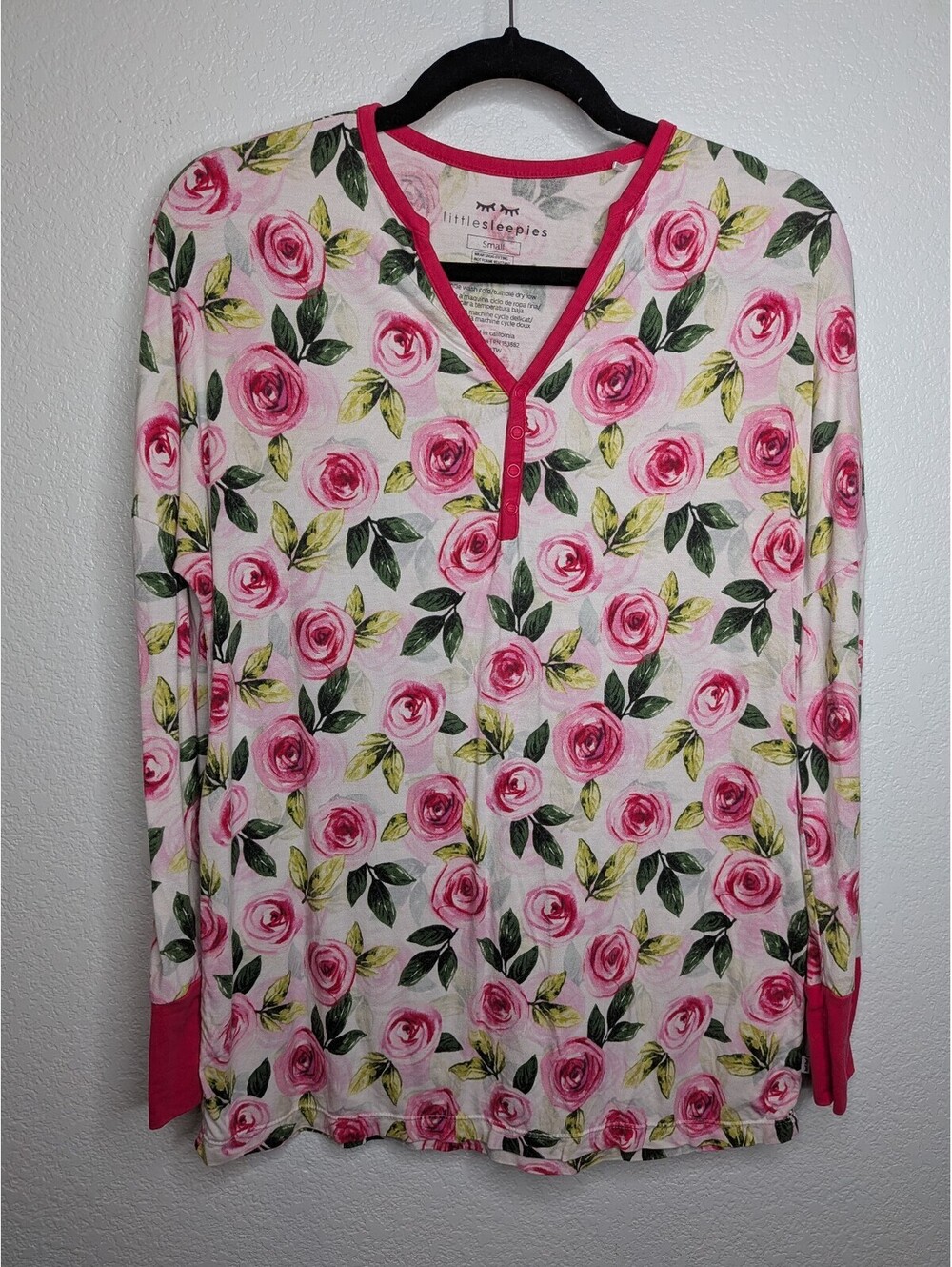 Little Sleepies Women’s Small Pink Rose Floral Bamboo Henley Pajama Top